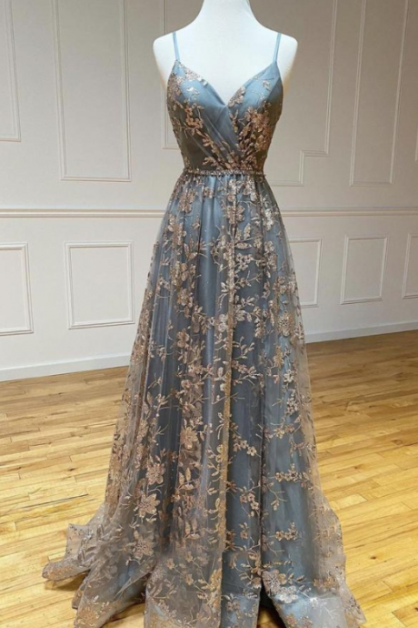 Unique Round Neck Tulle Lace Long Prom Dress, Evening Dress