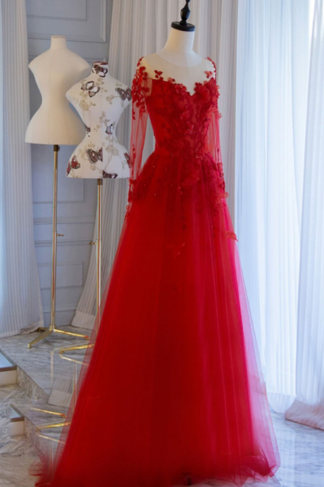 Red Round Neck Tulle Lace Long Prom Dress, Red Evening Dress