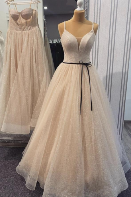 Champagne Tulle Sequins Long Prom Dress Evening Gown