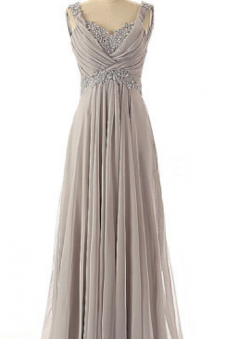 Grey Floor Length Chiffon A-line Prom Dress Featuring Floral Lace And Ruched Plunge V Bodice