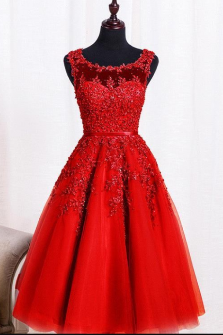 Red Beaded Lace Appliques Short Prom Dresses Robe Knee Length Party Evening Dress