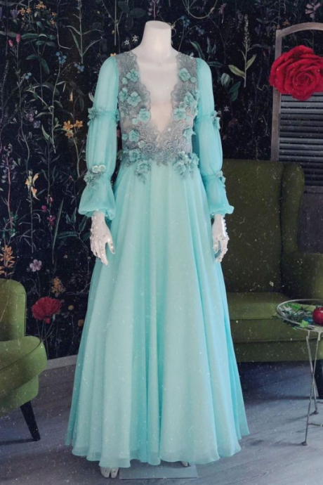 Chiffon 3d Lace Long Prom Dress, Green Evening Dress With Long Sleeves