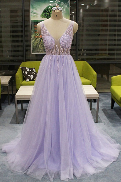 Lavender Tulle V Neck Long Beaded Open Back Evening Dress