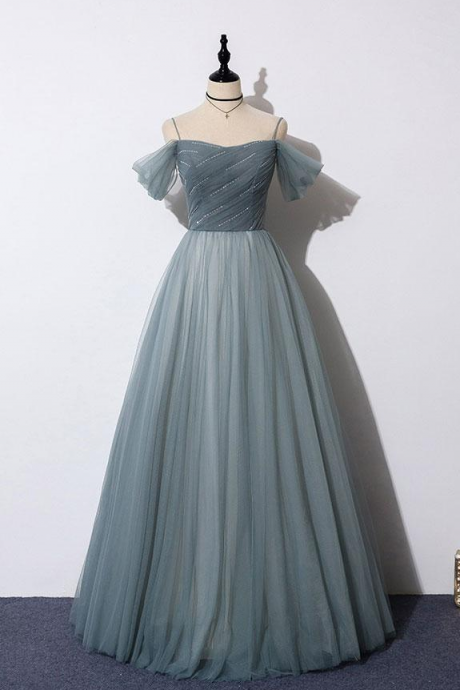 Gray Blue Sweetheart Tulle Formal Dress Blue Evening Dress