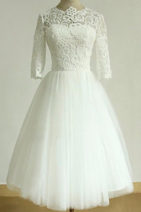 Wedding Dress, Lace Half Sleeves Bride Dresses Scoop Tulle Tea-Length Bridal Gowns