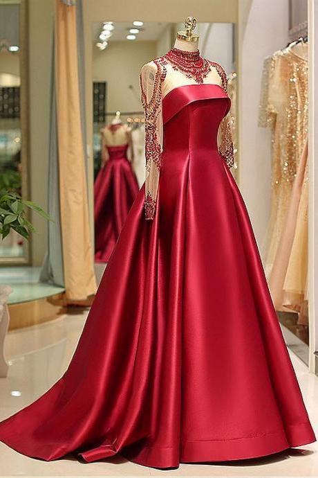 Long Sleeve Prom Dresses High Neck Burgundy Long Prom Dress Satin Evening Dress 