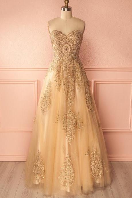 Beautiful Prom Dresses A-line Sweetheart Gold Lace-up Prom Dress/evening Dress