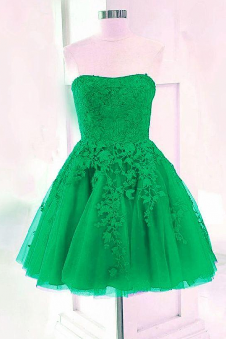 Green Homecoming Dresses 2022 Short Lace Strapless Prom Gowns