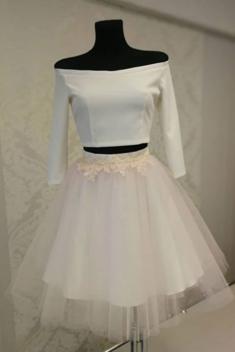 White Two Pieces Short Prom Dress, Tulle Homecoming Dress