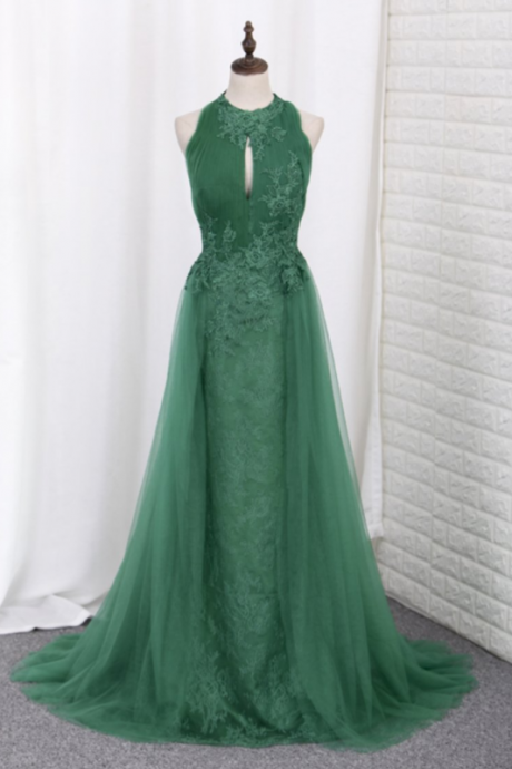 Prom Dresses Scoop Lace & Tulle With Applique Mermaid Sweep Train