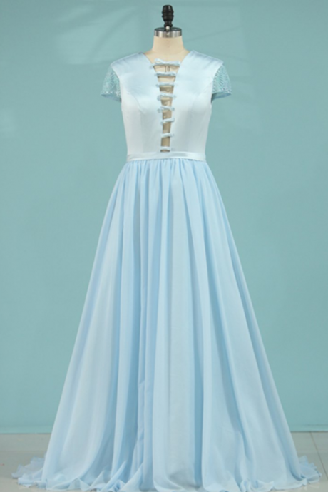 A Line Prom Dresses Short Sleeves Satin & Chiffon With Beading