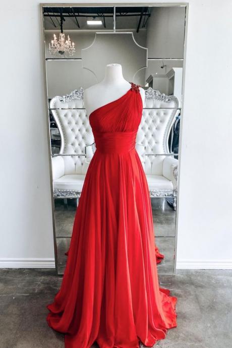 Red One Shoulder Chiffon Long Prom Dress Red Evening Dress