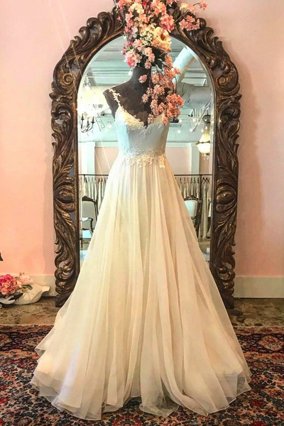 Elegant Beige Tulle Long Spaghetti Straps Long A-line Wedding Dress, Formal Evening Dress