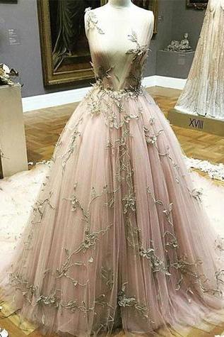 Blush Pink Tulle Long Gold Lace Appliques Evening Dress, Long Winter Formal Prom Dresses