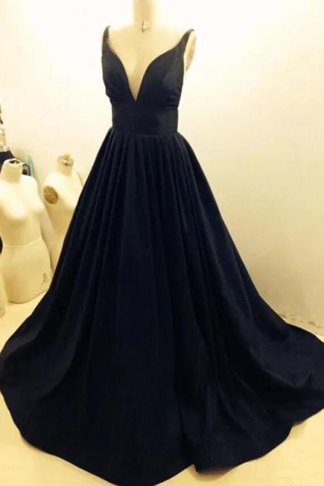 Black Strap Black Satin Prom Party Dresses , Sweep Train Plus Size Sexy V-neck Evening Dresses, Black Formal Gowns