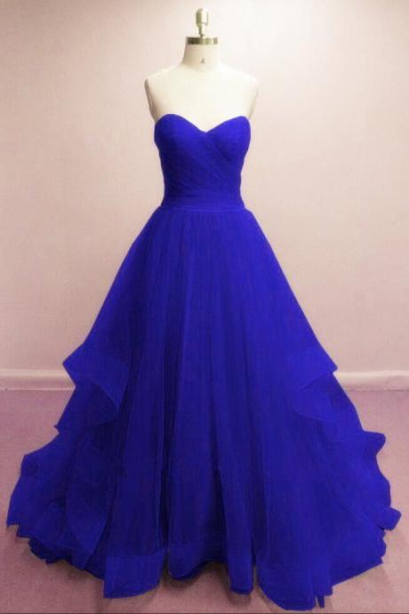Gorgeous Royal Blue Sweetheart Tull Gowns, Blue Prom Dresses, Sweetheart Beautiful Formal Evening Dress