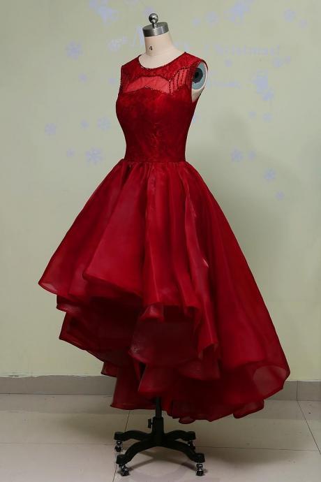 Fashion Wine Red Party Dresses Scoop Long Sleeve High Low Cocktail Prom Evening Gowns