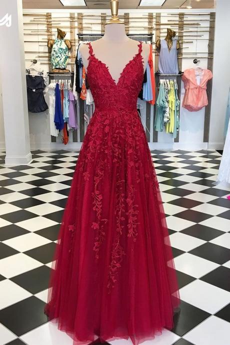 Burgundy Lace Prom Dress Long, Formal Dress, Evening Dress, Pageant Dance Dresses, School Party Gown