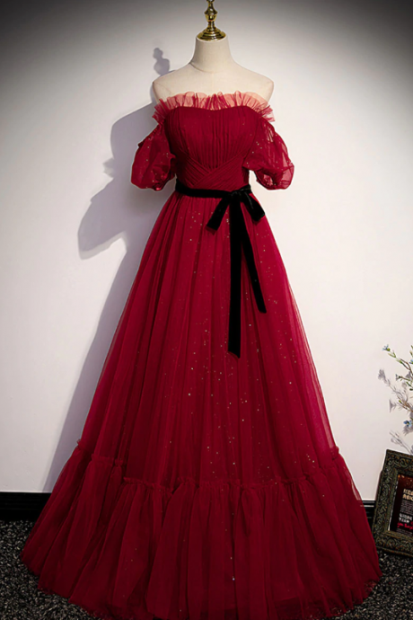 Prom Dresses,burgundy Tulle Long Prom Dress, A Line Burgundy Evening Dress