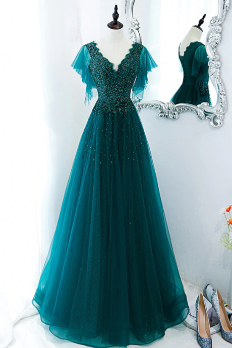 Prom Dresses,v neck tulle sequin beads long prom dress, evening dress