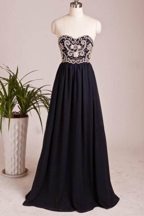 Navy Blue Chiffon Floor Length Prom Dress Featuring Embroidered Sweetheart Bodice Prom Dress, Cheap Prom Dress,Handmade Prom Dress,Custom Made Prom Dress, Vogue Prom Dresses