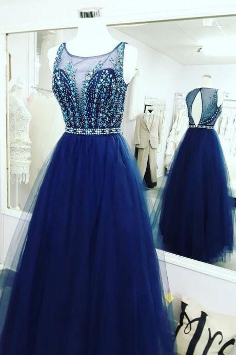 Royal Blue Tulle Beaded Long Prom Dress,sleeveless Prom Dress