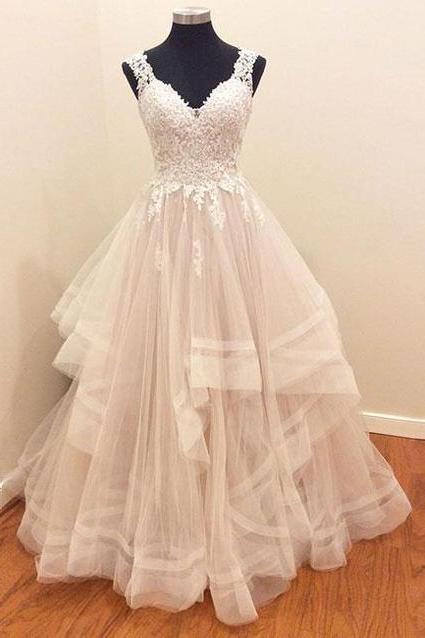 V-neck Lace Appliques Fluffy Ivory Elegant Long Wedding Dress