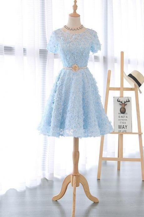 Lace Short Blue Prom Dress, Blue Homecoming Dress