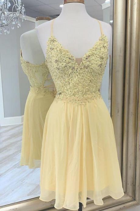 Yellow Chiffon A-line Short Prom Dress Homecoming Dress With Lace Up Back
