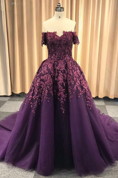 Purple Tulle Off Shoulder Strapless Sweep Train Long Winter Formal Prom Dress