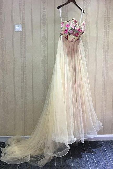 Unique Champagne Tulle Long Prom Dress, Sweetheart Evening Dress