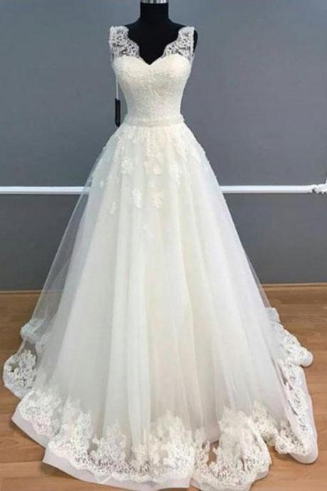 Elegant A-Line V-Neck Sleeveless White Long Prom/Wedding Dress With Lace