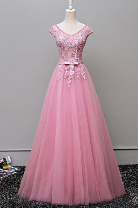 Prom Dresses,a Line V Neck Tulle Long Prom Dress, Lace Evening Dress