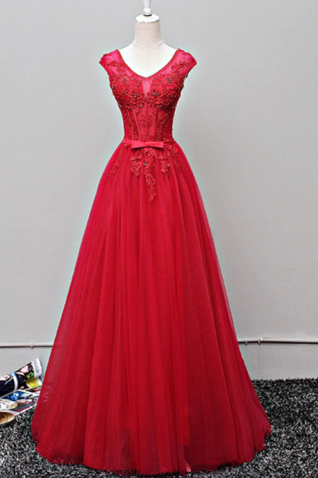 Prom Dresses,a Line V Neck Tulle Long Prom Dress, Lace Evening Dress