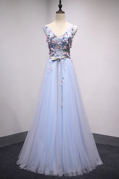 Prom Dresses,v Neck Tulle Long Prom Dress, Lace Evening Dress