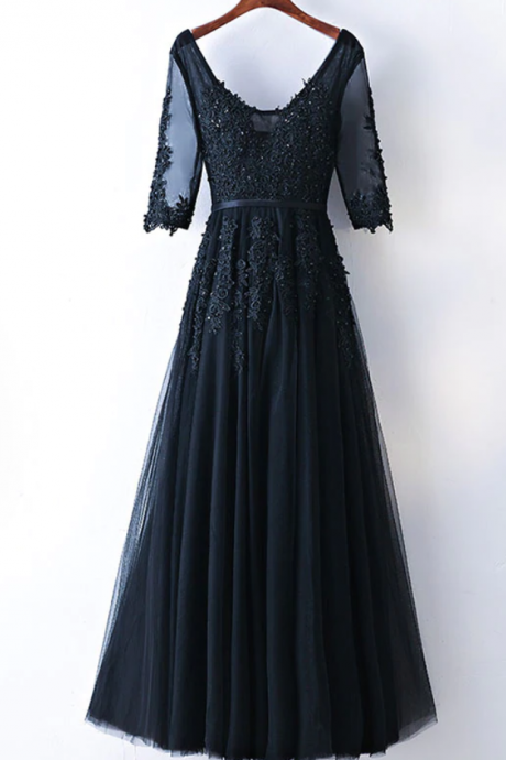 Prom Dresses,v neck tulle lace applique long prom dress, evening dress
