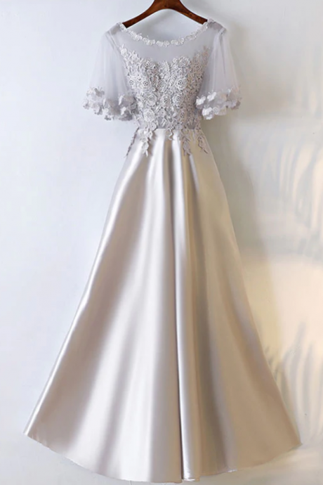 Prom Dresses,round neck lace applique long prom dresses