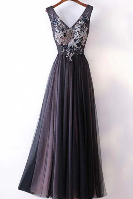 Prom Dresses,v Neck Lace Applique Tulle Long Prom Dress,evening Dress