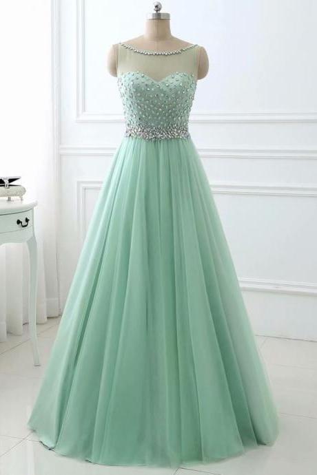 Sage Green Prom Dress ,long Prom Dresses, A Line Tulle Crystal Tulle Formal Evening Dress