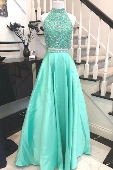Fashion Two Piece Prom Dresses New Satin Halter Cheap Light Green Long Evening Gowns