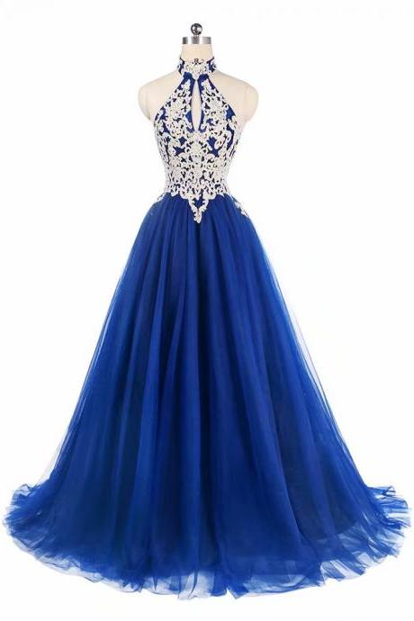 Halter Prom Dresses Blue Tulle Sweep Train Sleeveless Evening Gown A-line Backless Vestido De