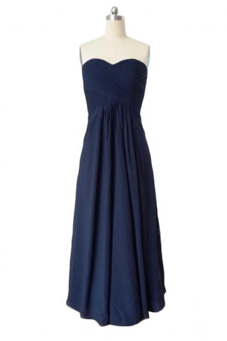 Custom Made Navy Blue Sweetheart Neckline Ruched Chiffon A Line Guest Wedding Dress, Bridesmaid Dress
