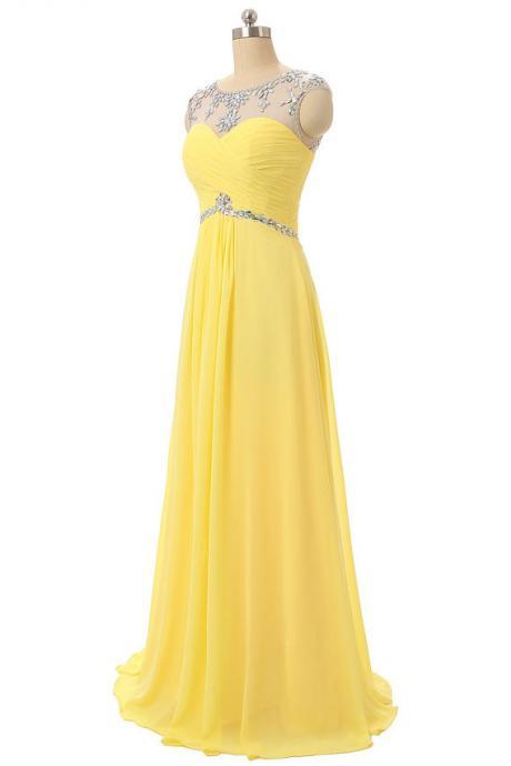 Yellow Prom Dresses,fashion Sheer Neck Crystal Prom Gowns,sexy Backless Chiffon Prom Dresses,custom Made Prom Dress,long Elegant Prom Dresses