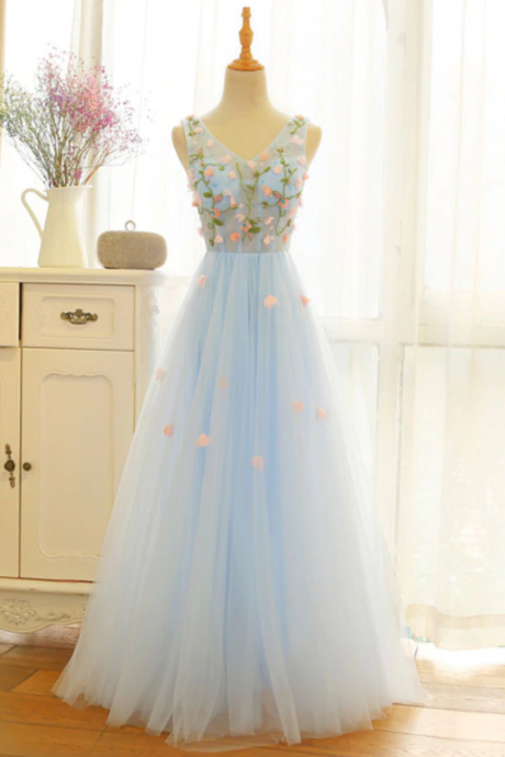 Prom Dresses,v Neck Lace Applique Long Prom Dress, Tulle Evening Dress