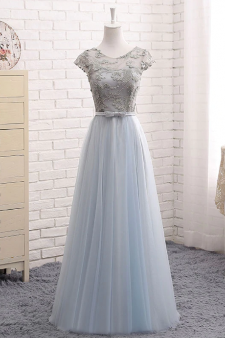 Prom Dresses,A line round neck lace tulle long prom dress, evening dress