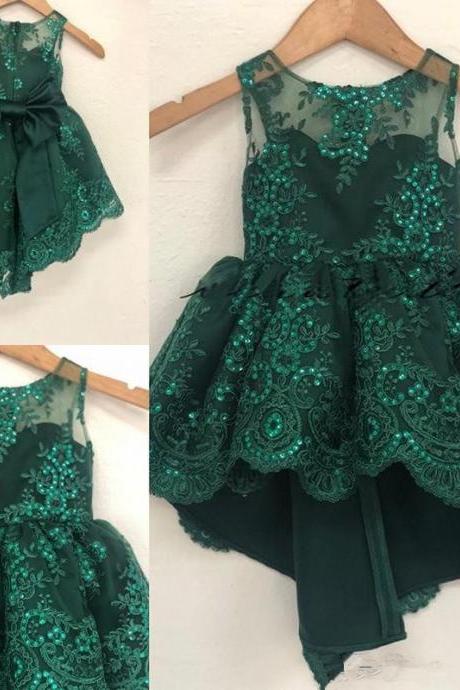 Vintage Flower Girl Dresses For Wedding Hi-Lo Emeral Green Big Bow Middle East Dubai Princess Kids First Communion Gowns Birthday