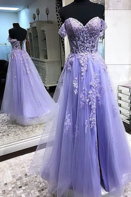 A-line Floor-length Off-the-shoulder Tulle Appliques Lace Prom Dresses