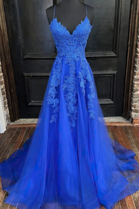 A-line V-neck Tulle Lace Sweep Train Beading Prom Dresses