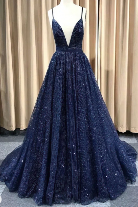 Ball Gown V-neck Glitter Sweep Train Prom Dresses