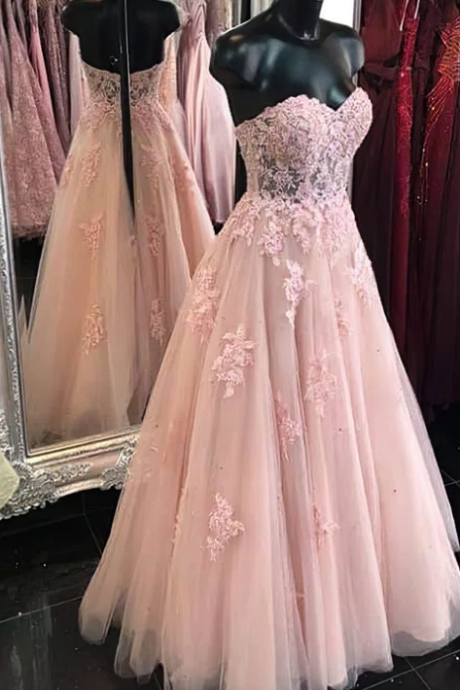A-line V-neck Tulle Sweep Train Appliques Lace Prom Dresses